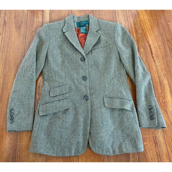 VTG Lauren Ralph Lauren equestrian tweed wool 3-button herringbone blazer jacket